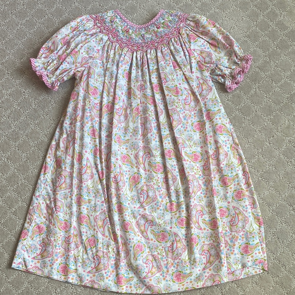 Girls Smocked Paisley Dress in Light Pink - Petit Ami